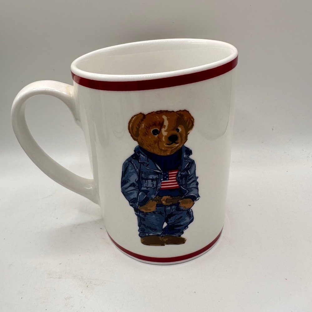 Vintage Polo Ralph Lauren Polo Bear Coffee Mug Denim Flag Outfit White Red Trim